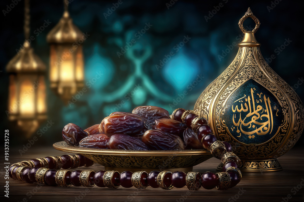 Obraz premium Traditional Ramadan bowl filled with dates and pistachios beside ornate stained glass window, spiritual Islamic celebration concept symbolizing hospitality, faith, blessings and devotion