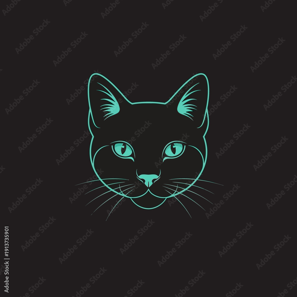 Fototapeta premium Minimalist cat silhouette in teal outline against black background