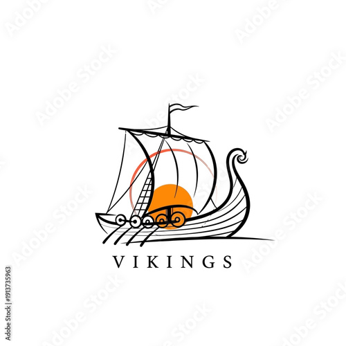 Viking ship illustration with sun symbol on white background