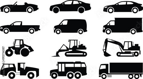 Collection of various vehicle and construction equipment silhouettes on white background