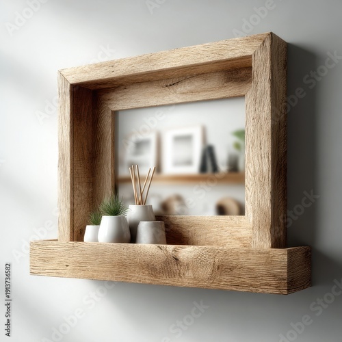 Rustic Wooden Shelf with Decorative Items Against a White Wall