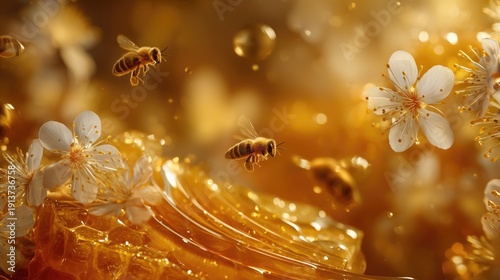 Growth through collaboration, honeybees pollinate spring blossoms near glistening honeycomb, symbolizing teamwork in nature.