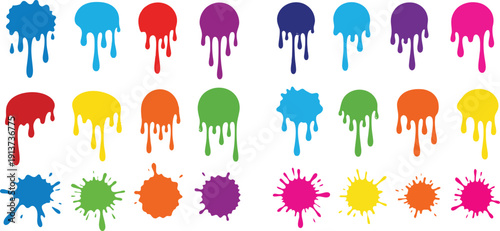 Colorful paint splatters and drips in various vibrant hues on white background