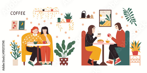 People enjoying coffee and conversation in a vibrant modern cafe setting