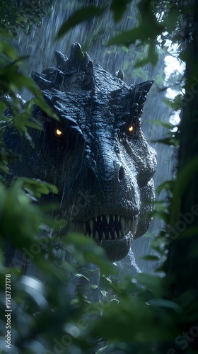 Dinosaur head in rainforest during rain