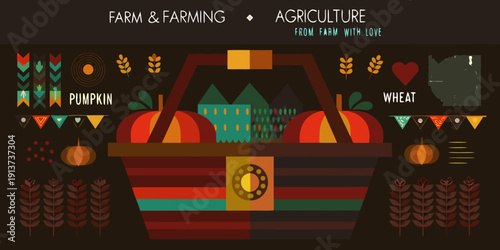 A colorful illustration depicting a harvest basket filled with farm produce