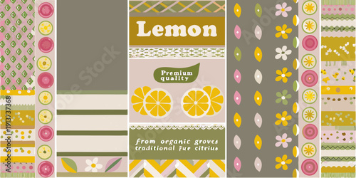 Colorful lemon themed patterns and text on a patterned background