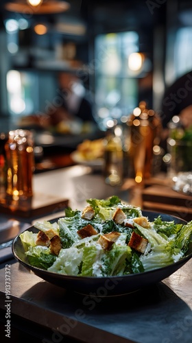 Caesar salad in a bowl on a table