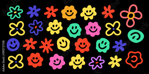 Colorful doodle style flowers and smiling faces on a black background