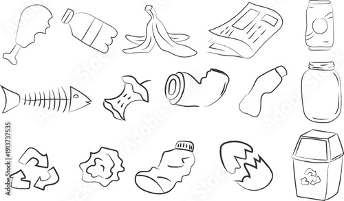 set of recycle garbage icon doodles, Collection of hand drawn line art icons representing various types of waste and recycling, Vector illustration of garbage elements, recycling symbols.