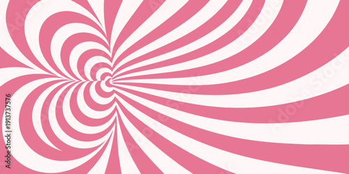 A swirling hypnotic pattern of pink and white stripes radiates from the center