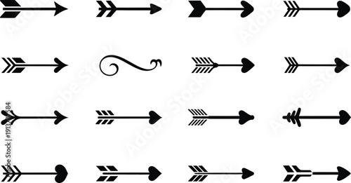 Collection of various black arrow icons on white background