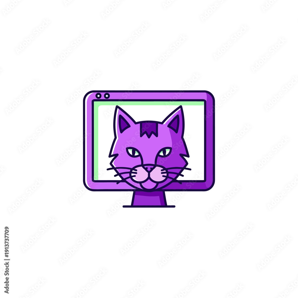 Fototapeta premium Cartoon cat emerging from a monitor screen against a white background
