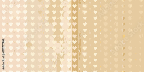 Pale peach background with a dense pattern of white hearts and gold flecks