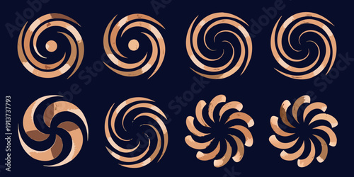 Eight swirling patterns in brown and gold against a dark blue background