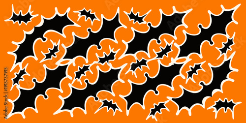 A repeating pattern of black bats against a bright orange and white background