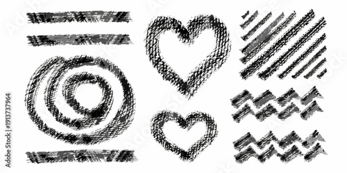 Hand drawn shapes and lines hearts spirals and scribbles in charcoal