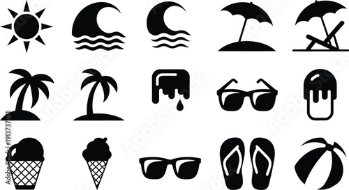 Black silhouettes of summer vacation icons and objects on white background
