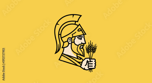 Stylized illustration of a warrior with wheat on a yellow background
