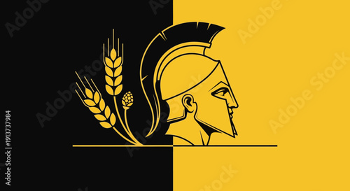 Abstract spartan warrior with wheat and hops on two toned background
