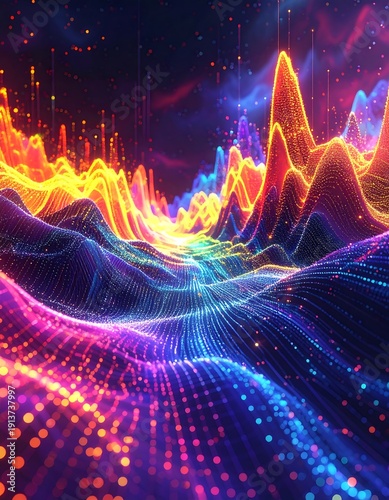 A vibrant, neon-lit digital landscape with colorful glowing lines