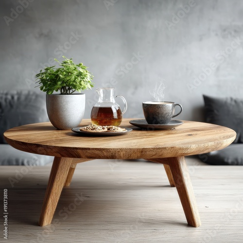 Cozy Still Life with Coffee, Cookies, Plant on Wooden Coffee Table