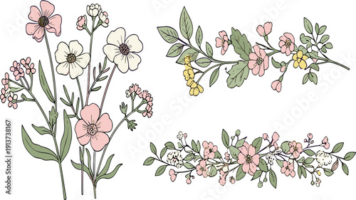 Romantic Hand Drawn Floral Arrangements with Soft Pastel Wildflowers and Greenery Botanical Illustration Set