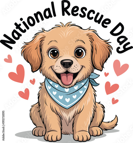 Cartoon golden retriever puppy wearing blue heart bandana on National Rescue Day