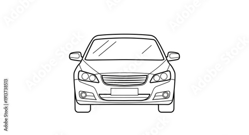 Front view line drawing of a modern sedan car.