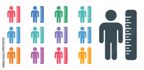 Colorful human height measurement icon collection with flat style people and ruler symbols vector