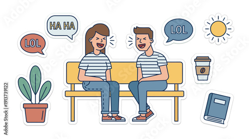 Happy young couple laughing on bench with HA HA LOL speech bubbles & daily items, portraying humor, friendship, happiness, clean flat line art vector in pastel colors, isolated sticker set on white.