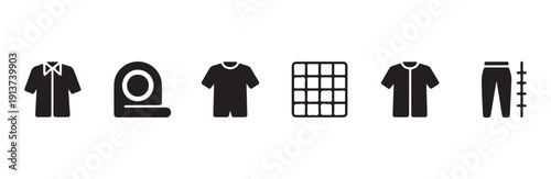 Black silhouette clothing icons with shirt tape measure tshirt grid pattern and pants set