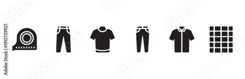 Garment and measurement icons featuring trousers tshirt tape measure shirt and grid pattern