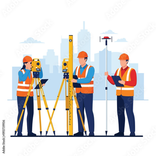Surveyors using surveying equipment on a construction site with city skyline in background