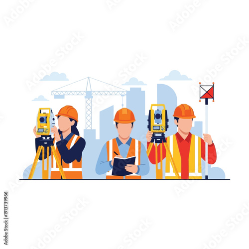 Professional Land Surveyors and Civil Engineers Collaborating on a Modern Construction Site with Advanced Geodetic Equipment and Detailed Planning Tools for Urban Development