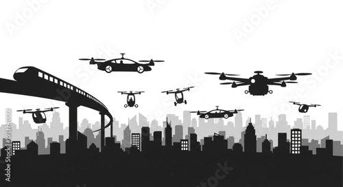 Futuristic city skyline with flying cars and drones.