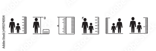 Human height scale icon collection featuring person silhouettes next to measuring rulers set