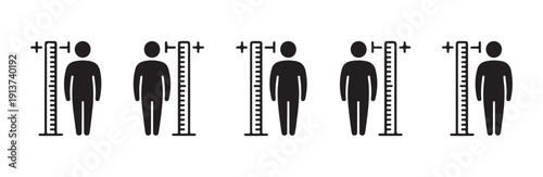 Solid silhouette people measuring height against upright ruler showing growth statistics icons