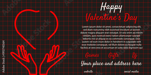 Neon Valentine's Day horizontal banner. Vector illustration of abstract Neon red Heart in hands with ads typography. EPS 10