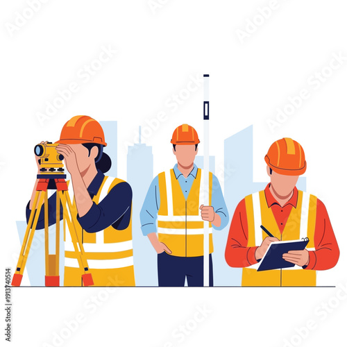 Surveyors and construction workers in a cityscape, collaborating on a project with surveying equipment and blueprints