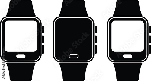 Smartwatch wearable device front view blank screen black silhouette vector illustration modern digital watch isolated on background