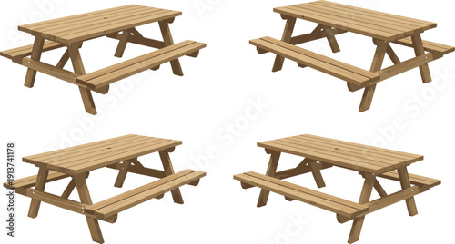 Wooden picnic table set illustration showing outdoor park and garden furniture with bench seating from multiple angles vector isolated background