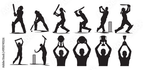 Men and women cricket players silhouettes with winners holding trophy cup and ball icons set