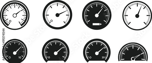 Analog gauge dial set speedometer pressure meter indicator black and white dashboard instrument vector illustration collection isolated