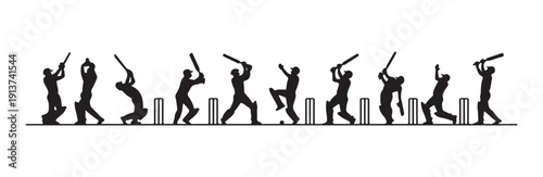 Set of cricket player silhouettes showing various batting and fielding actions on ground