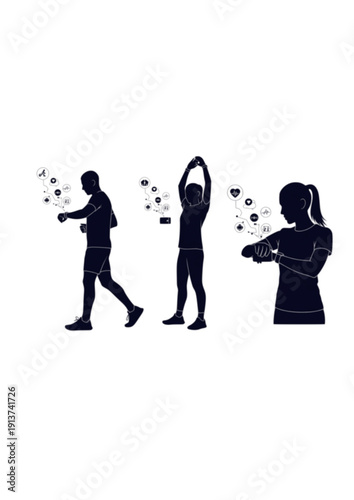 Runner checking smartwatch fitness tracker biohacking and health data silhouette vector