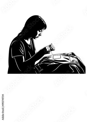 Person sewing patch on clothes sustainable fashion and repair culture silhouette vector