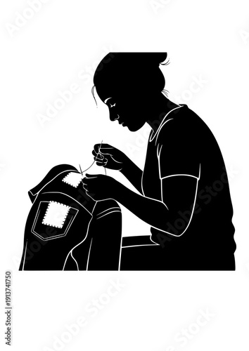 Person sewing patch on clothes sustainable fashion and repair culture silhouette vector
