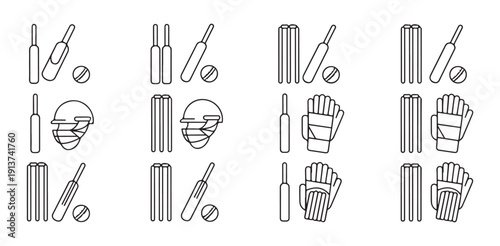 Set of outline icons depicting essential cricket gear like bat ball pads helmet and wicket stumps
