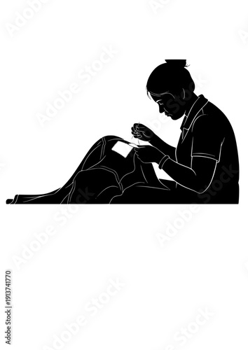 Person sewing patch on clothes sustainable fashion and repair culture silhouette vector